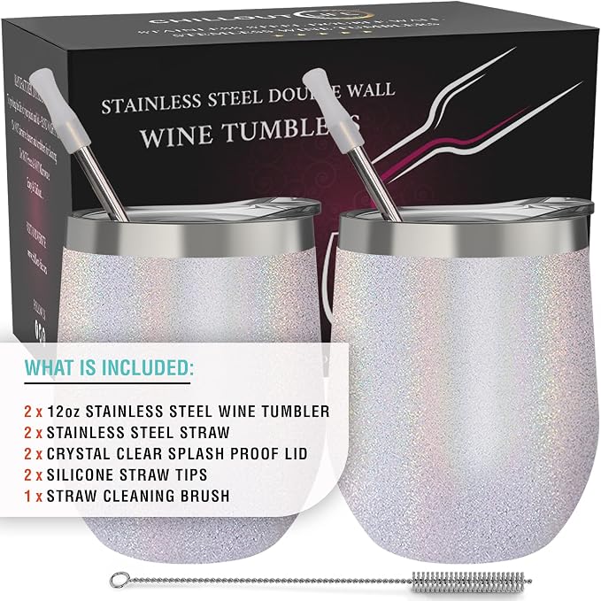 CHILLOUT LIFE 12 oz Stainless Steel Wine Tumblers 2 Pack - Double Wall Vacuum Insulated Wine Glasses Cups with Lids and Straws Set Keeping Cold & Hot for Coffee, Beer, Ice Cream - Holographic Glitter