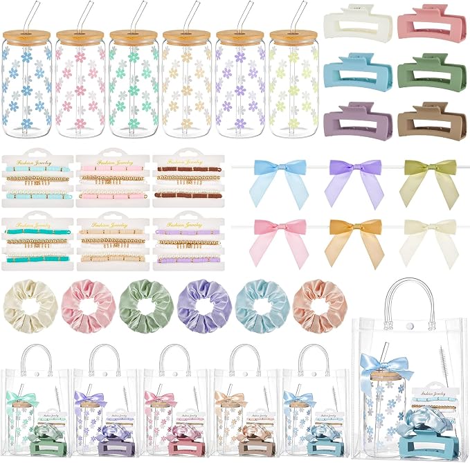 Suncalla 36 Pcs 6 Set Morandi Birthday Gifts for Women, Sleepover Spa Party Girls Trip Bachelorette Party Favors for 6 People, Daisy Glass Cup Bracelets Hair Bands Hair Clip Tote Bags Bows