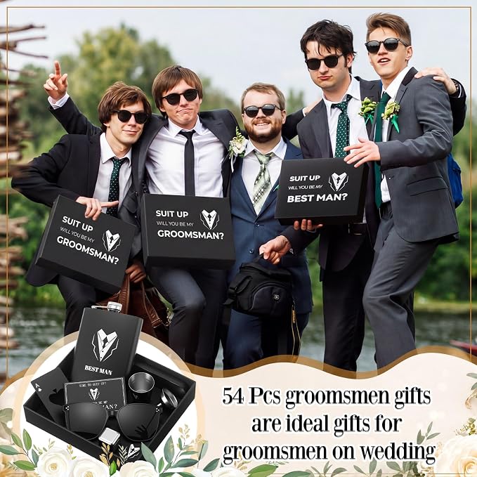 Mimorou 66 Pcs Groomsmen Proposal Gifts - Shot Glasses, Stainless Steel Ice, Flask, Funnel, Gift Boxes, Sunglasses, Knives, Bottle Opener, Cards, Wallets for Wedding Groomsmen Present Set (Fashion)