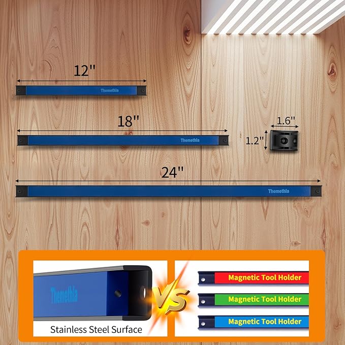 24" Magnetic Tool Holder Strip, 4 Pieces Blue Metal Tool Organizer Rack with Stainless Steel Surface, Magnet Bar for Garage Workshop, Easy To Install with Mounting Screws