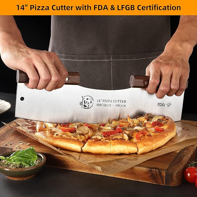AILUROPODA Pizza Cutter Rocker with Protective Cover with Walnut Handles with LFGB Certification 14" Large Pizza Rocker Cutter Sharp Silver