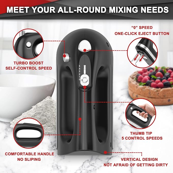 Lord Eagle Hand Mixer Electric Handheld 400W, 5-Speed Lightweight Kitchen Mixer with Storage Case, 5 Stainless Steel Attachments for Baking Cake Egg Cream Food Beater, Turbo+Eject Button, Black