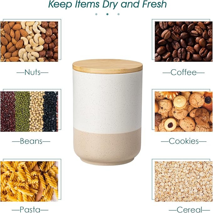 vancasso Sabine Large Ceramic Canister Set with Airtight Wood Lids - 2-Piece Kitchen Food Storage Jars for Flour, Sugar, Coffee & Tea (74 oz Each) - Big Capacity Countertop Jars