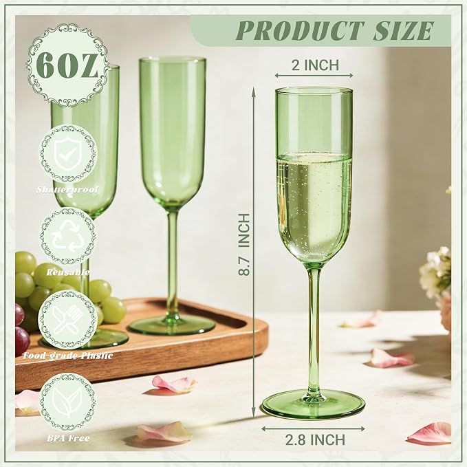 Plastic Champagne Flutes Set, 6oz Unbreakable Champagne Glasses Bulk, Shatterproof Reusable Mimosa Prosecco Sparkling Wine Cups for Wedding Party (Green, 24pcs)