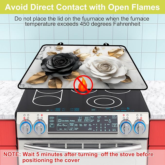 Glass stove top cover 28"x 20", Stove Top Covers for Electric Stove, Flat Range Mat for Glass Cooktop, Kitchen Heat-Resistant Protector Non-Slip Drying Mat (Black and White Roses)