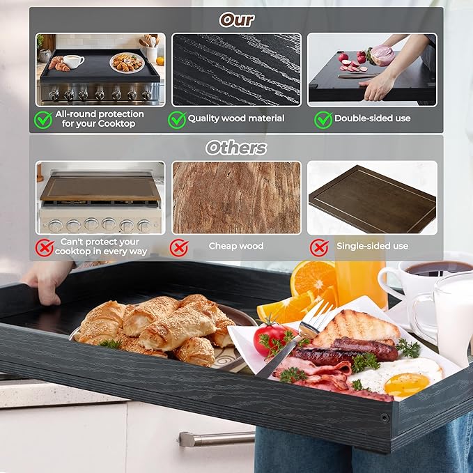 WOLKI Noodle Board Stove Covers for Gas Burners, 30"L x 22"W x 2.4"Th Heavyweight Stove Top Covers for Electric Stove, Buil-in Handles, RV Stove Cover, Wooden Serving Tray, Black