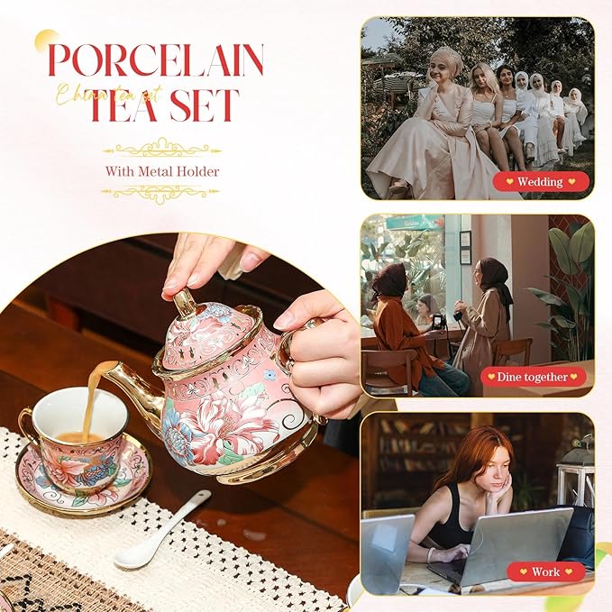 20 Pcs Porcelain Tea Set for Adults with Metal Holder and Spoon European Ceramic Tea Party Set Flower Painting Teapot Cup Saucer for Women Gift, Serving 6 People(Fresh)