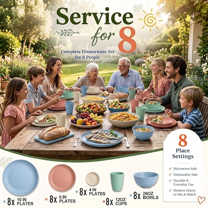 Wrova 40-Piece Wheat Straw Dinnerware Sets for 8, Unbreakable Kitchen Plates and Bowls Set with Cups Set, Soy Sauce Dish for BBQ, Microwave and Dishwasher Safe Dishware Sets for Kitchen- Nordic
