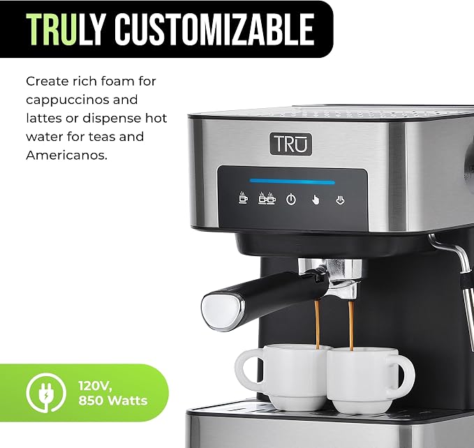 Tru Touch Screen Espresso Maker - Automatic Espresso Machine with Single & Double Shot Brew Settings - Comes with Steam Wand & Cup Warmer - Easy-to-Clean & Maintain - 56-Ounce Water Tank
