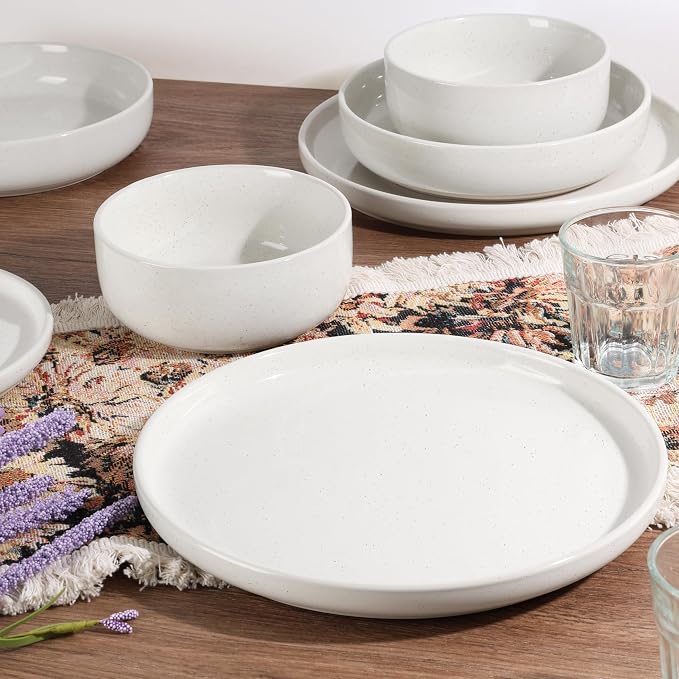 HaWare 24-Piece Plates and Bowls Set for 6, Stoneware Dinnerware Sets with Pasta Bowl, Dishes Set for Home Restaurant, Speckled Milky White