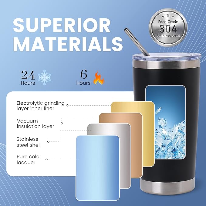 Joyclub Tumblers Bulk Laser Engraving Blanks Easy Carry 12 Pack 20 oz Tumblers Black Stainless Steel Tumblers with Lids Straws and Brushes for Car Commute DIY Gifts Team Family Use