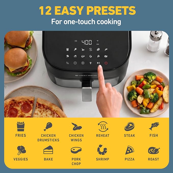 West Bend Digital Air Fryer 7 Qt with One-Touch Presets, Shake Reminder for Even Cooking, Fast 1600W Heating, Nonstick Easy-Clean Basket, in Black/Silver