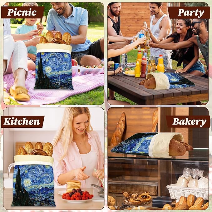 Bread Bags for Homemade Bread, Starry Night 2 Pack Linen and Beeswax Sourdough Storage Bags, Reusable Keeper, Keeps Breads Fresh Longer, Gifts for Bakers
