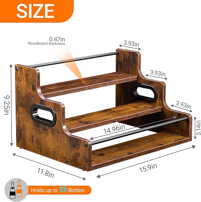 YQBRAO [Upgraded] Rustic Wood Liquor Bottle Display Shelf, 3-Tier Liquor Shelf for Bar Counter, Coffee Syrup Rack Organizer with Handles & Metal Guardrail, Bar Bottle Stand for Home, Kitchen, Cafe