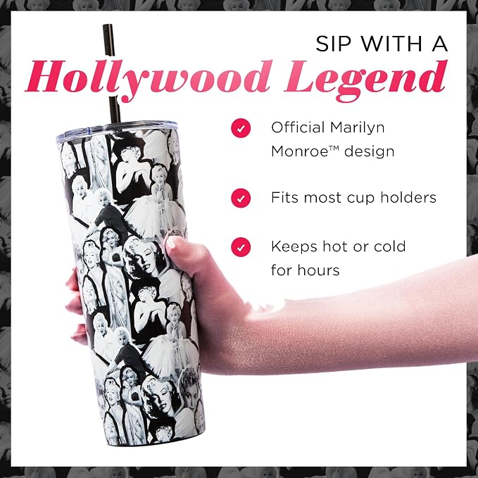 Dragon Glassware x Marilyn Monroe Tumbler with Straw & Lid, 24 oz | Vacuum Insulated Stainless Steel Tumbler with Straw & Lid; Double Walled Tumbler with Straw Charm; Marilyn Monroe Cup
