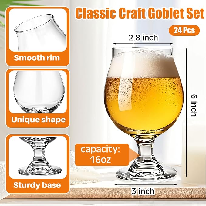 Sabary 24 Pcs 16 oz Classic Craft Goblet Beer Glasses Belgian Style Tulip Beer Glasses Cup Drinking Set for Bachelor Party, Hosting Party, Glassware, IPA Ale Pilsner Belgian