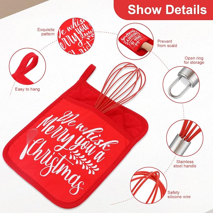 LemonRoad 12 Sets Christmas Whisk Baking Gift Set Xmas Silicone Whisks Oven Mitt Pot Holder Greeting Cards Ribbon Bags for Holiday Kitchen Utensils Cooking Supplies Neighbor Gift(Classic,Red)