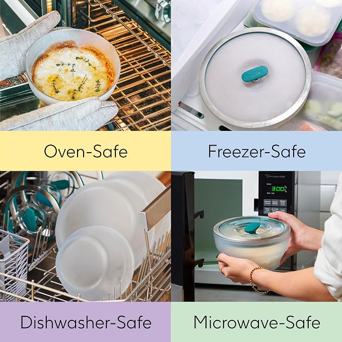 Anyday 4-Pc Microwave Cookware & Glass Food Storage Set with Glass Lids | Medium Plastic-Free Containers | Stackable Steamer with Vented Lid for Microwave-Safe Reheating & Steaming Vegetables, Rice