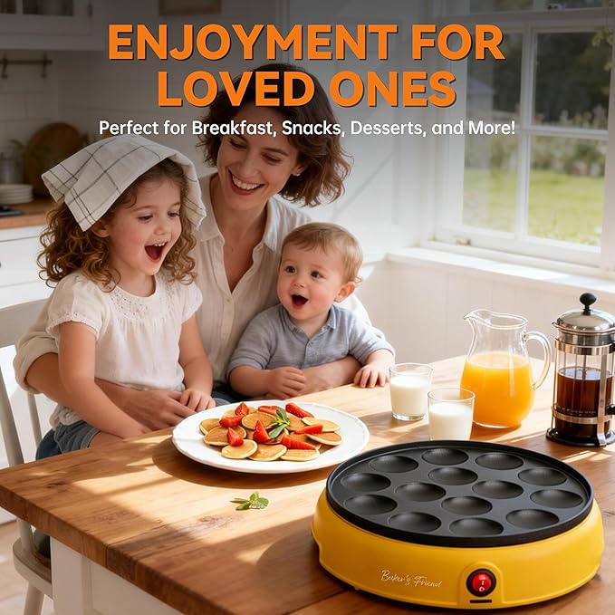 Baker's Friend Mini Pancakes Maker Machine, Dutch Mini Pancake Griddle, 14 Holes Electric Poffertjes Pan, Ideal for Breakfast, Snacks, Desserts & More, Yellow