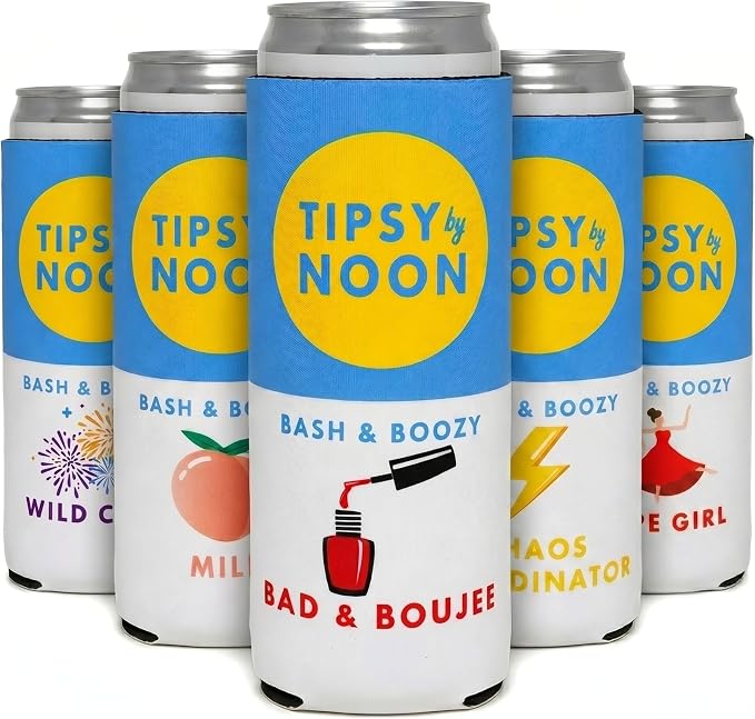 Funky Junque Bachelorette Party Favors Slim Can Cooler, Funny Bridesmaid & Bride Gifts for Girls Trip, Bridal Shower Decorations & Accessories, 12 oz Skinny Can Covers - Tipsy by Noon - 5 Pack