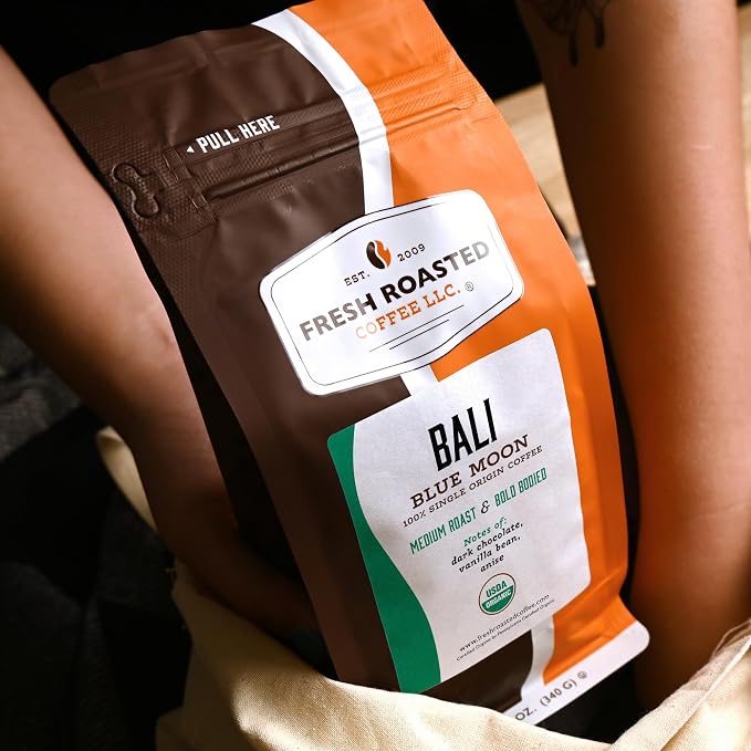 Fresh Roasted Coffee, Organic Bali Blue Moon Whole Bean Coffee, Medium Roast, USDA Organic, Kosher, 12 oz