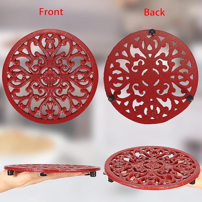 Sumnacon Cast Iron Trivet 2 Pcs 6.7 Inch Iron Trivet for Hot Dish Pot Pan Plate Teapot,Heat Resistant Cast Iron Trivets with Rubber Feets for Kitchen Dining Table Cooktop Stove,Retro Red
