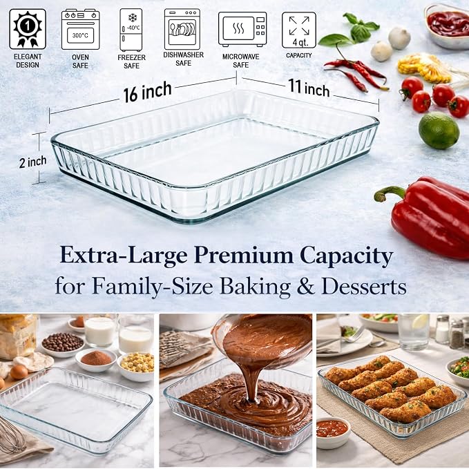 2-Piece Ums 4-Qt (16" x 11" x 2") Glass Baking Dishes for Oven, Glass Oven Pan & Tray Bakeware, Borosilicate Glass Casserole Dish Cookware, Microwave & Oven-Safe Clear Bakeware