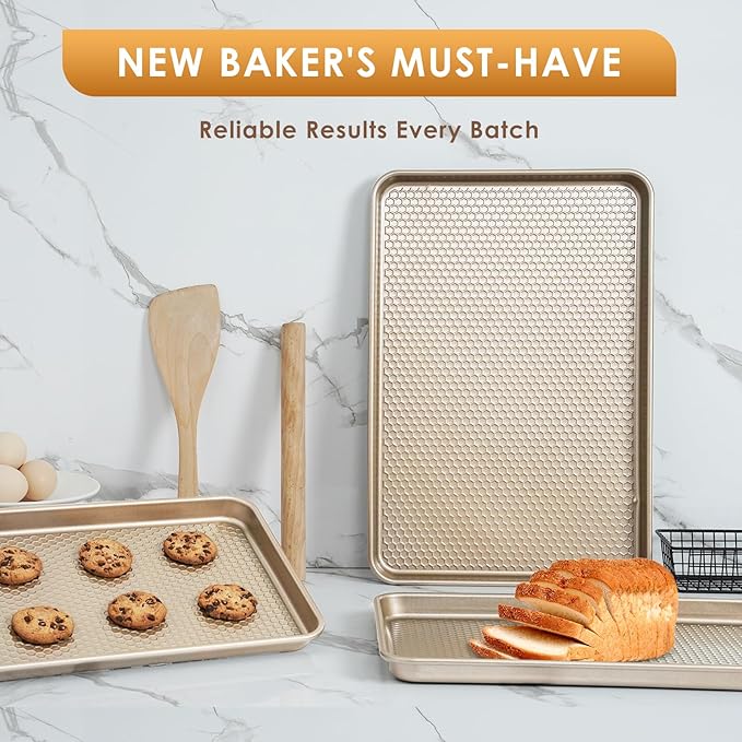 Baking Sheet Pan Set of 3, Nonstick Carbon Steel Cookie Sheets with Texture | Commercial Half/Quarter/Jelly Roll Pans Replacement Toaster Oven Tray, Heavy Duty & Easy Clean