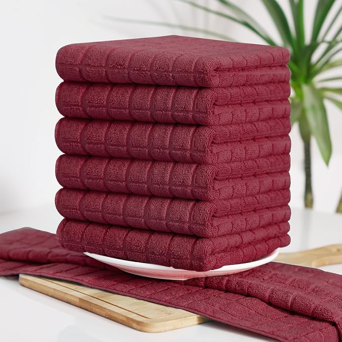 Homaxy Premium Cotton Kitchen Towels 16"x 28", Large Natural Ring Spun 390 GSM Dish Towels, Super Absorbent Terry Kitchen Hand Towels, Soft Tea Towels with Hanging Loop, Pure Red Check Design, 4 Pack