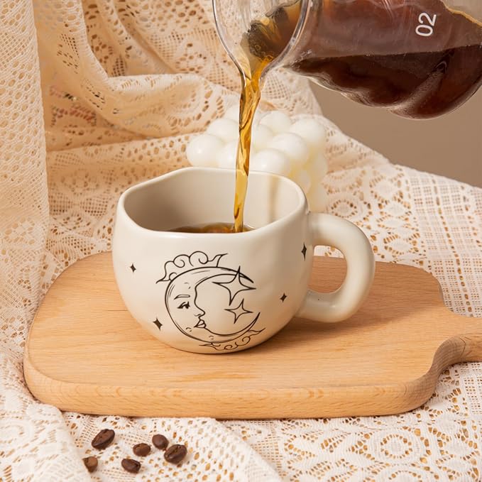 4pcs Boho Style Ceramic Moon and Sun Mugs, 9.4OZ Cute Coffee Cup Set, Matte Cream Color, Dishwasher Safe, Gift for Women/Couples
