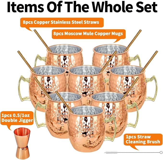 SuproBarware Moscow Mule Mugs Copper Plated 18oz Set of 8 Stainless Steel Moscow Mule Cups Perfect for Cold Drink Cocktails Home Bar with Gift