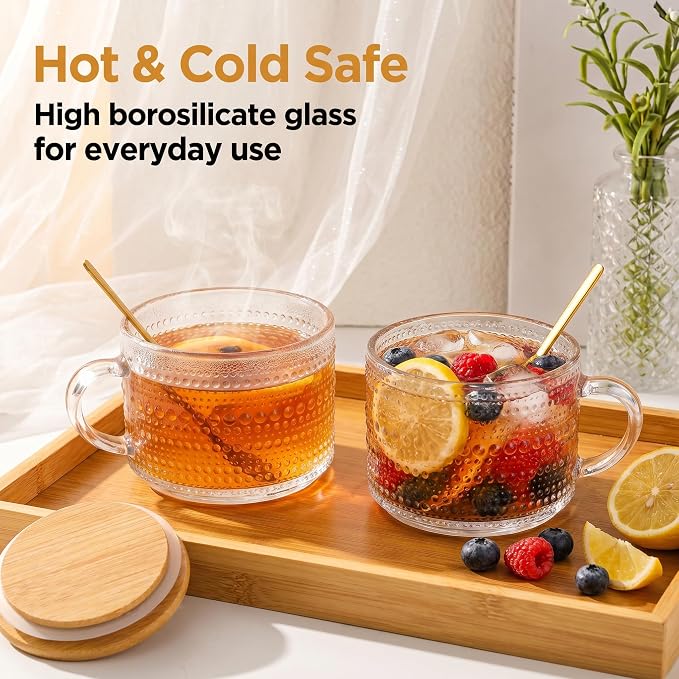 Glass Coffee Mugs with Lid 14 oz Vintage Glass Mug Set of 6 Hobnail | Embossed Vintage Style, Includes Handle and Spoon, Bamboo Sealed Lid for Hot Cold Breakfast Overnoght Oats