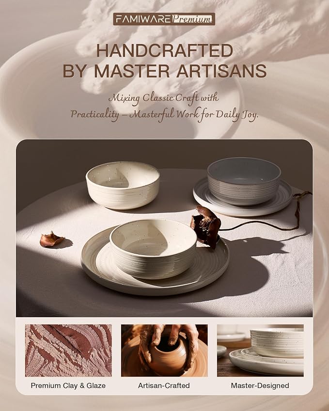 12-Piece Reactive Glaze Stoneware Dinnerware Sets for 4 - Coupe Plates and Bowls with Speckles & Spirals - Chip & Scratch Resistant, Microwave & Dishwasher Safe - Rustic, Shell Beige