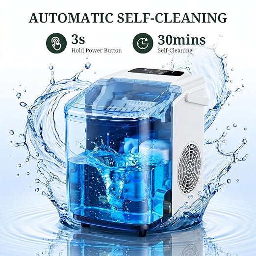 Ice Maker Countertop, Portable Ice Machine with Handle, Basket & Scoop, 26Lbs/24Hrs, 9 Bullet Ice Cubes Ready in 6–8 Mins, 2 Ice Sizes, Self-Cleaning, Quiet Compact for Home Kitchen Office RV Camping