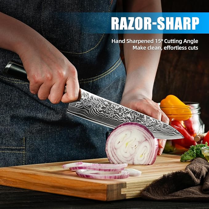 Sunnecko Kitchen Knife Set of 3, Chef Knife Set Damascus Steel Knives Set for Kitchen Sharp VG10 Corn, Full Tang with Gift Box