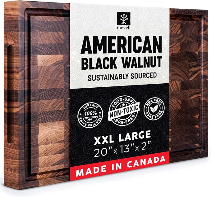 Mevell Walnut End Grain Cutting Board for Kitchen, Reversible Extra Large Wooden Butcher Block With Juice Grooves, Made in Canada (Walnut, 20x13x2)