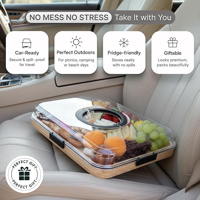 Charcuterie Board Set with Handless Lid – Bamboo Cheese Board with Sliding Drawer, 4 Stainless Steel Cheese Knives, 4 Forks, 2 Glass Bowls, Gift Bag – Perfect for Gift