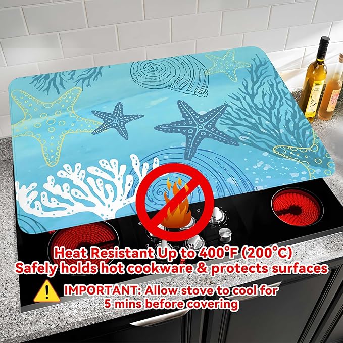 Decorative Stove Top Covers for Electric Stove 28"x20" – Heat Resistant Glass Cooktop Protector Dish Drying Mat – Non-Slip Rubber Backing Washer Top Cover Waterproof Extra Counter Space (Ocean 1)