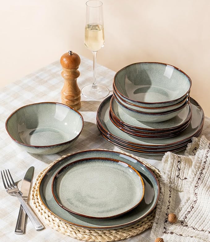 GBHOME Stoneware Dinnerware Sets for 4, 12 Pieces Rustic Earthenware Plates and Bowls Set, Handmade Reactive Glaze Ceramic Plate Sets, Chip Resistant Dishes, Microwave & Dishwasher Safe, Earthy Sage