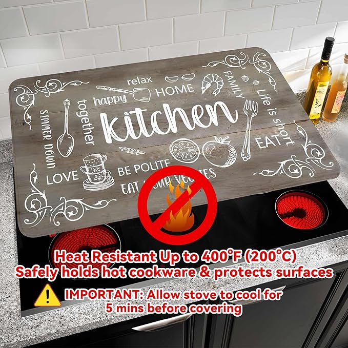 Decorative Stove Top Covers for Electric Stove 28"x20" – Heat Resistant Glass Cooktop Protector Dish Drying Mat – Non-Slip Rubber Backing Washer Top Cover Waterproof Extra Counter Space (Kitchen 4)