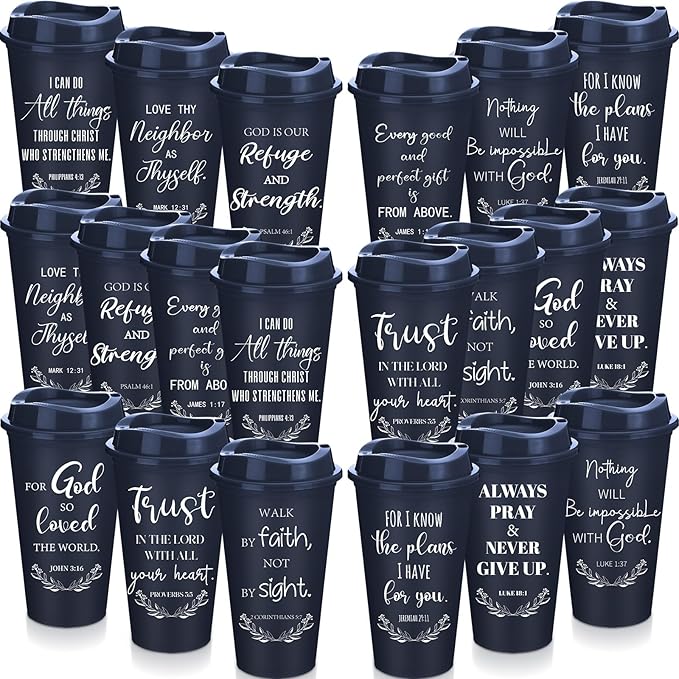 Skylety 40 Pack Bulk Christian Gifts for Men Women 16oz Reusable Bible Verse Tumbler Plastic Coffee Cup with Lid Inspirational Religious Church Gift for Teacher Graduation Party Favor (Blue)