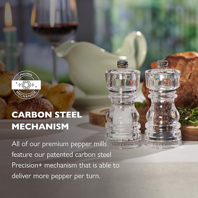 Cole & Mason London Refillable Spice Mill - Kitchen & Home Accessory - Table Black Pepper Grinder - Pepper Mill with Carbon Steel Mechanism - 5", Acrylic