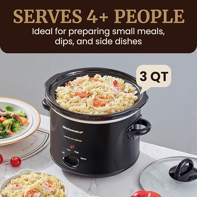 Elite Gourmet MST-350B Electric Slow Cooker, Adjustable Temp, Entrees, Sauces, Stews & Dips, Dishwasher Safe Glass Lid & Crock (3 Quart, Black)