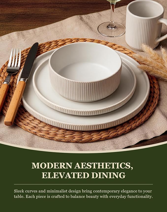 OTAGO 16-Piece Dinnerware Set for 4 with Mugs, Ribbed Stoneware Plates and Bowls Sets, Unique Handcrafted Reactive Glaze, Chip and Scratch Resistant Dish Set, Microwave & Dishwasher Safe, White