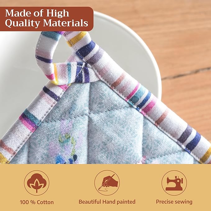 Maison d' Hermine Pot Holders 100% Cotton Heat Resistant Potholders 8" x 8" Hot Pads with Loop Baking Gifts for Mothers Day Handling Hot Pans Spring/Summer (Pack of 2, Sweet Rose Lavender - Lush)
