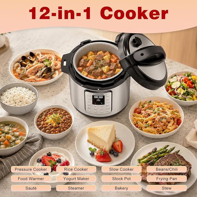 Silver 8 Quart Pressure Cooker, 1200W Multi-Function Cooker with Sauté, Steam, Yogurt & Sterilize Functions Dishwasher Safe & Secure Venting.