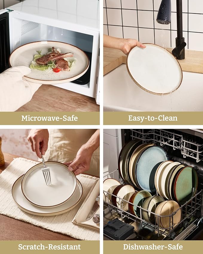 Famiware Milkyway Stoneware Dinnerware Set, 12-Piece, Double Reactive Glaze, Plates and Bowls, Service for 4, Microwave and Dishwasher Safe, Scratch-Resistant, Light khaki