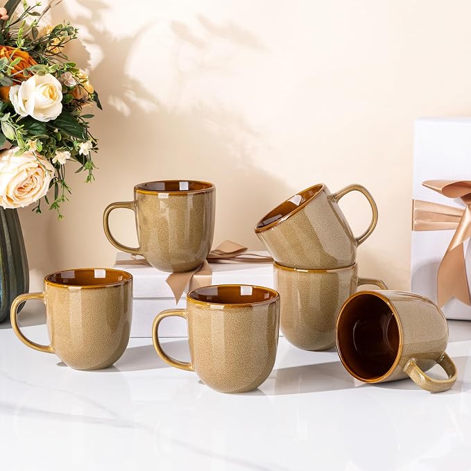 LERATIO Ceramic Coffee Mugs Set of 6,12oz Handmade Coffee Mugs Set with Large Handle for Cappuccino/Latte/Tea/Hot Cocoa, Dishwasher & Microwave Safe-Chestnut
