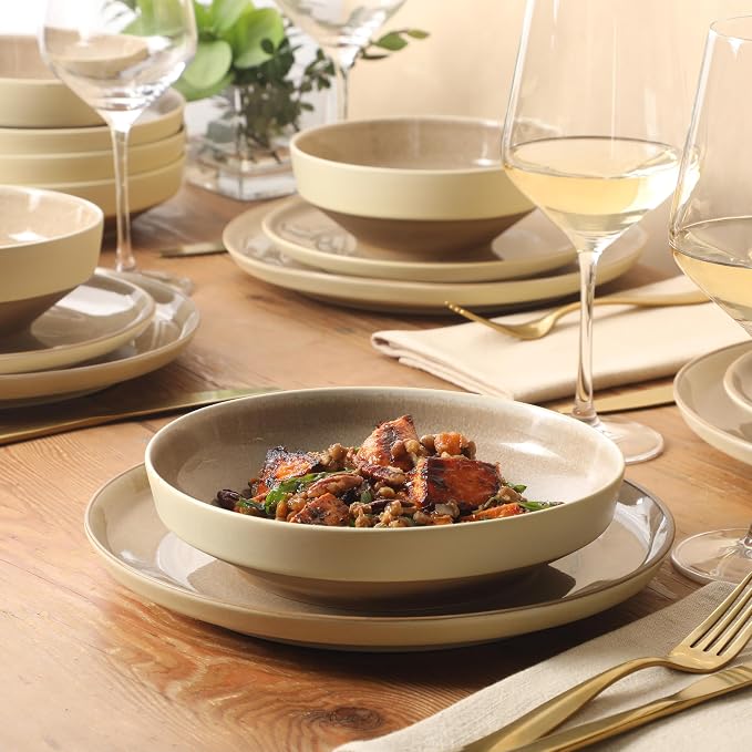 Gibson Elite Octavia Place 16 Piece Stoneware Dinnerware Set, Service for 4, Coupe Modern Plates & Bowls, Reactive Glaze Finish, Taupe, Microwave & Dishwasher Safe