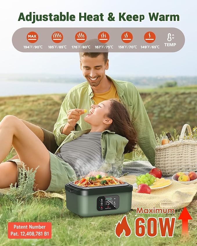ODSD Cordless Electric Lunch Box for Adults, 16000mAh Rechargeable Self-Heating Lunch Box Food Warmer with Timer & Adjustable Heating, 34oz/1L Container with Insulated Bag for Office Car Outdoor